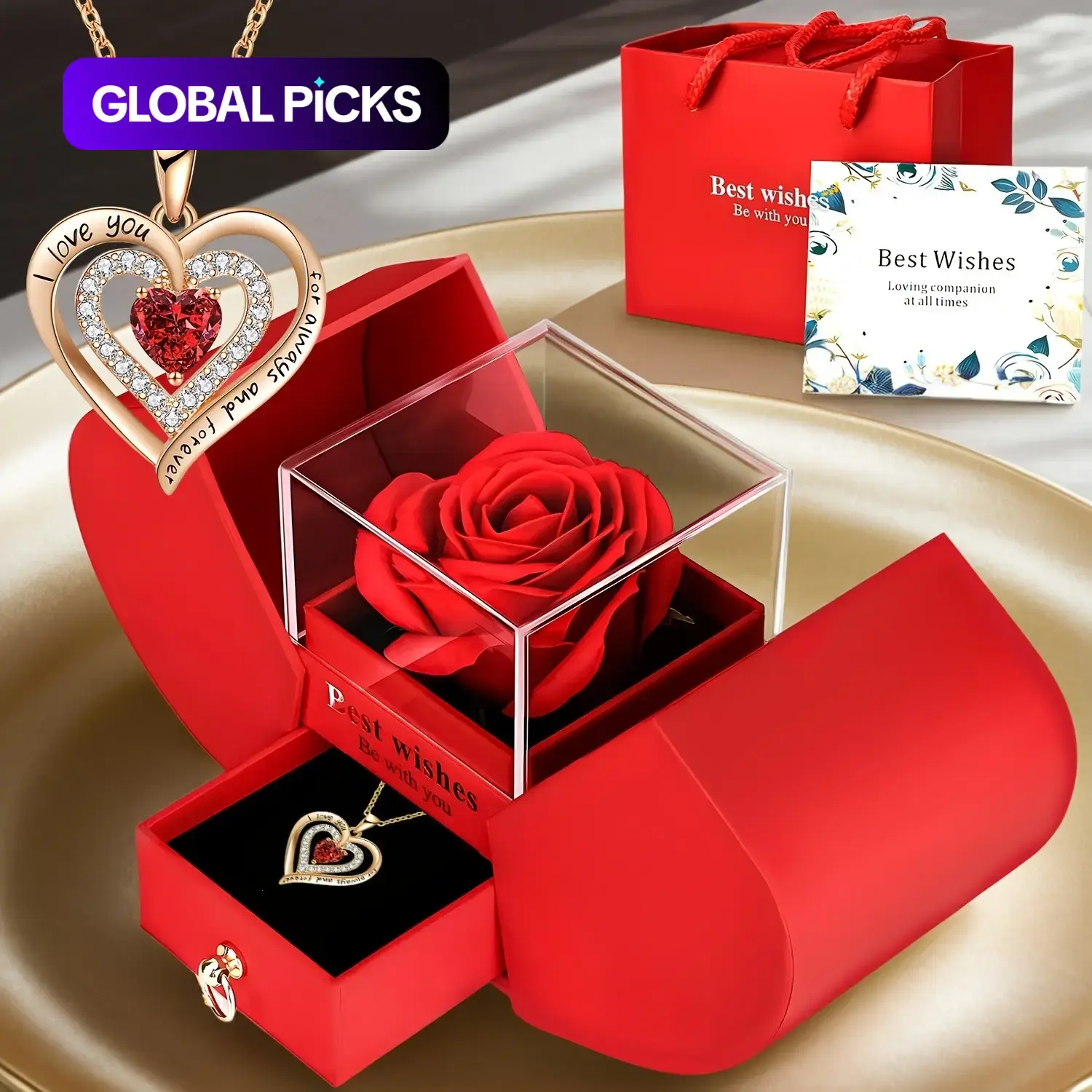 Romantic Rose Unique Affection Gift Box Set with 'I Love You' Heart-Shaped Necklace, Exquisite Quality Jewelry Gift for Mom, Wife or Girlfriend, Birthday & Anniversary Present #GLOBAL PICKS