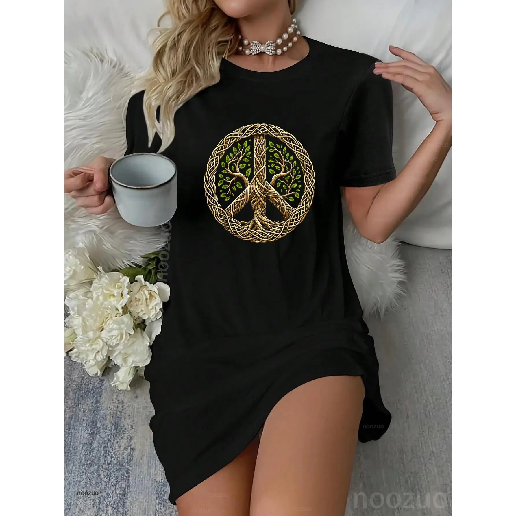 Women's Vintage T-Shirt Dress with Hippie Peace Sign Tree Graphic, Casual Short Sleeve Streetwear for Everyday Wear