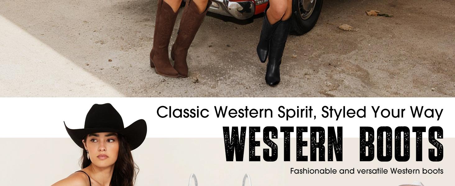 Women's Cowboy Boots - Wide Calf, Rhinestone Embellished, Glittery Western Knee-High Boots with Embroidery & Side Zipper