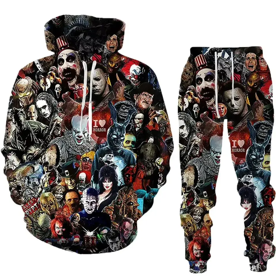 Horror 3D Hoodie and Sweatpants Set, Michael Myers Jason Voorhees Freddy Krueger Pennywise Chucky Print, Halloween Gift for Horror Lovers