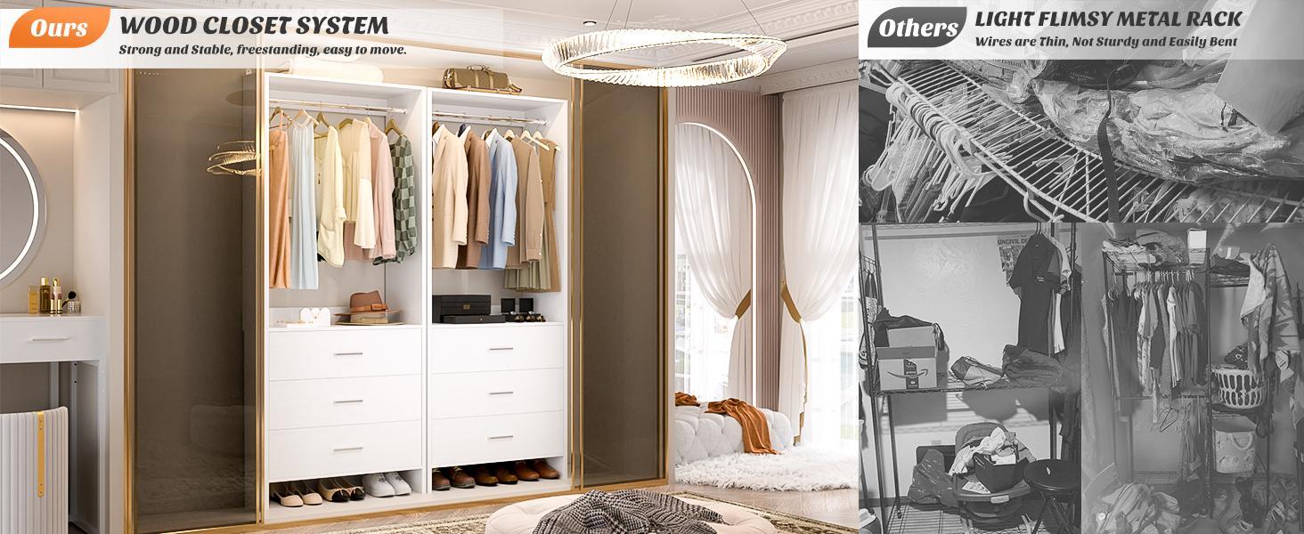 24" Wood Wardrobe with 3 Drawers, 600lb Capacity Freestanding Wardrobe Organizer, Anti-Tip Kit Included, for Bedroom Storage, in White/Black/White Oak/Grey