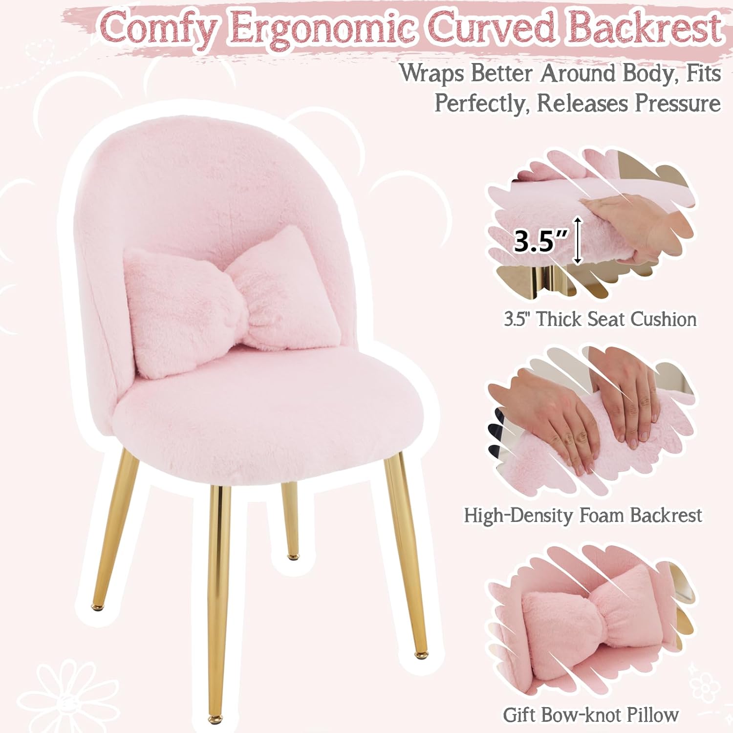 VINGLI Boucle Girls Vanity Chair with Back & Pillow,Cute Small Cozy Desk Chair No Wheels,Comfy Makeup Ch with Ajustable Gold Legs,for Bedroom,Living Room,Small Space