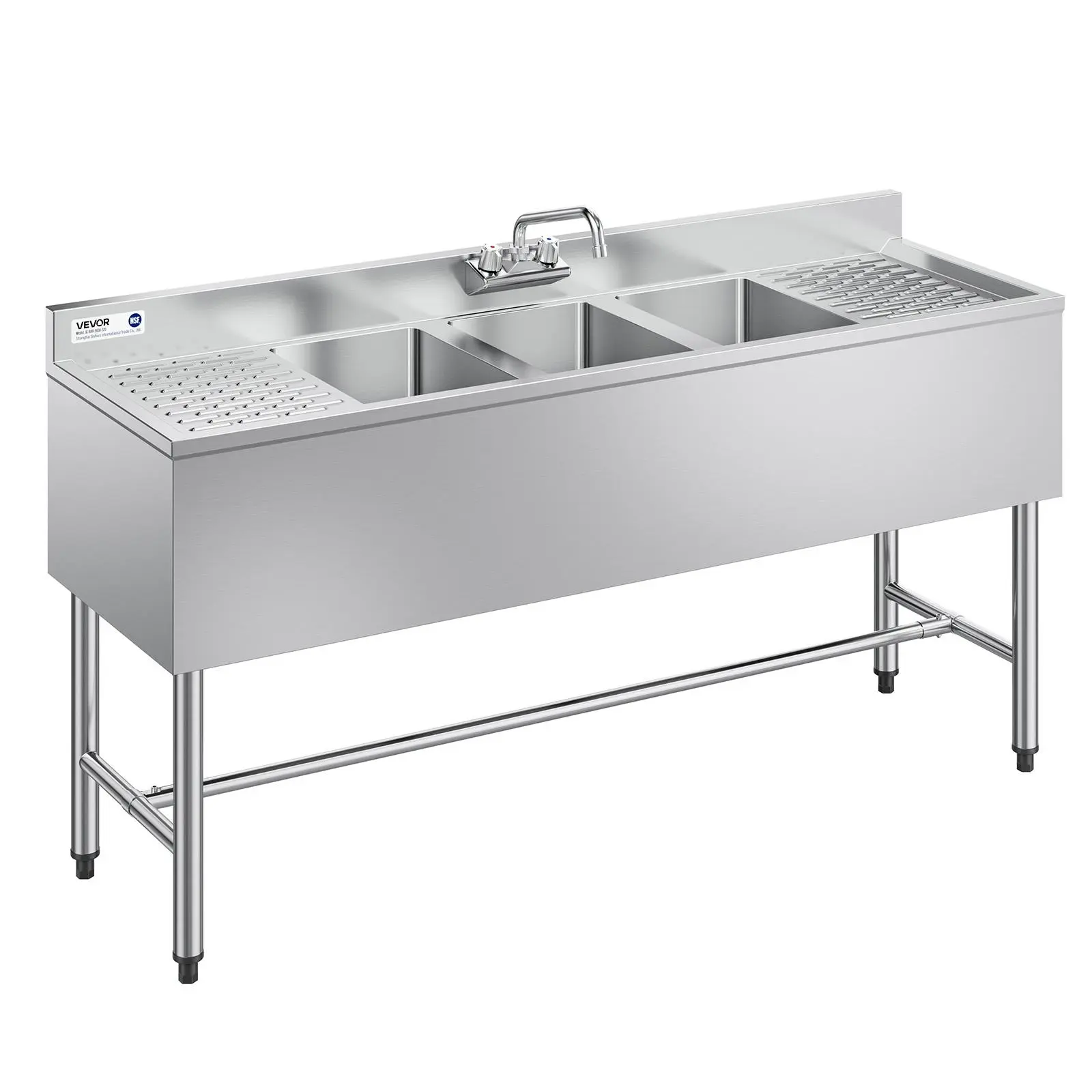VEVOR 3-Compartment Rectangular Undermount Kitchen Sink, 18-Gauge 304 Stainless Steel, 10"x14"x10" Bowls, 3-Bay Commercial Under Bar Sink with Double Drainboard & Backsplash for Washing in Kitchens, Restaurants