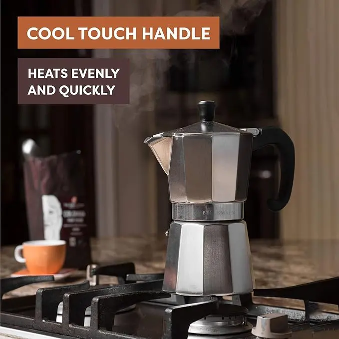 Bellemain Stovetop Espresso Maker - Italian Aluminum Body Moka Pot, 3-Cup 2oz, Classic Design, Cool Touch Handle, Stay-Cool Knobs, Lid, Easy to Use & Clean for Home Brewing Camping Coffee