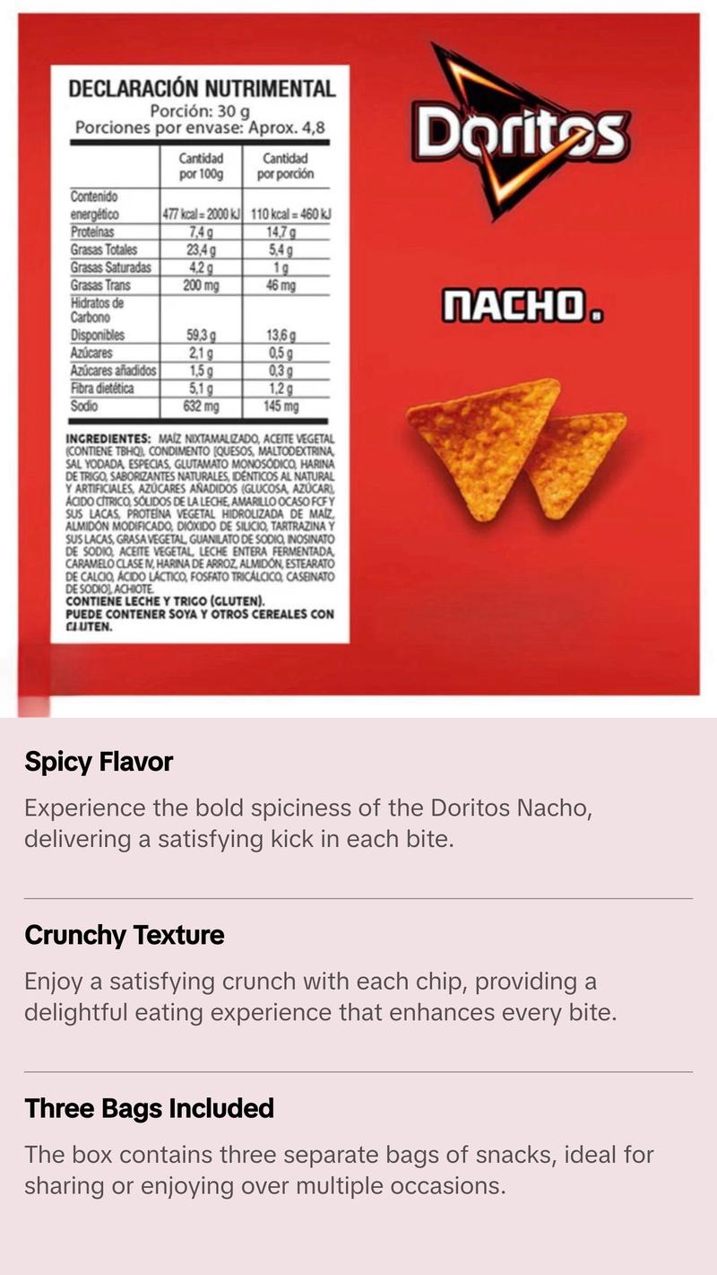 Sabritas Doritos Nacho 146g Box with 3 bags papas snack Mexican Chips