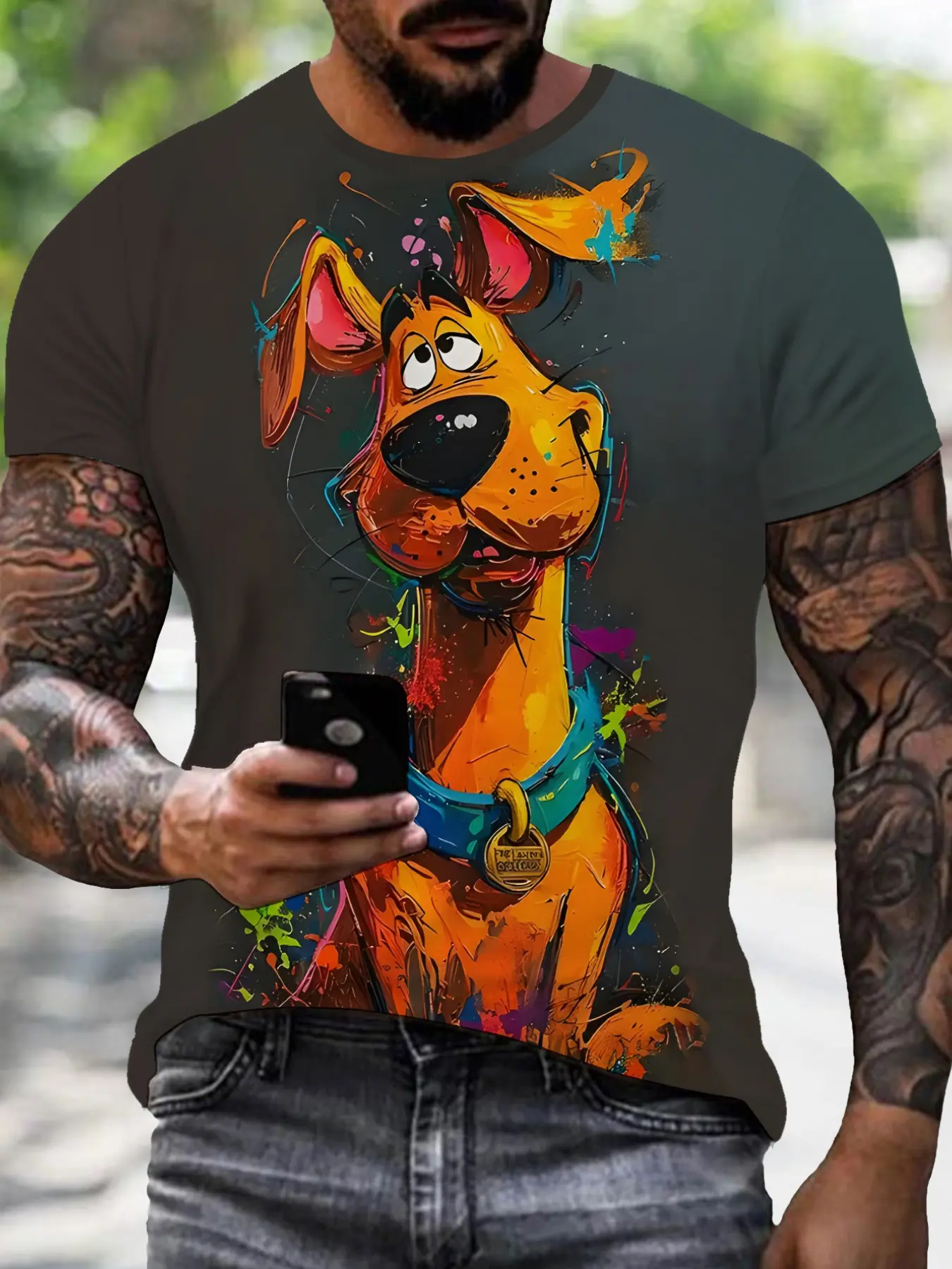 Men's Summer Deep Cartoon Scooby-Doo Graffiti Print Short Sleeve T-Shirt, Streetwear, Fashion, Menswear, Casual Fitted Top, Comfortable Daily Wear, Ideal Gift Choice