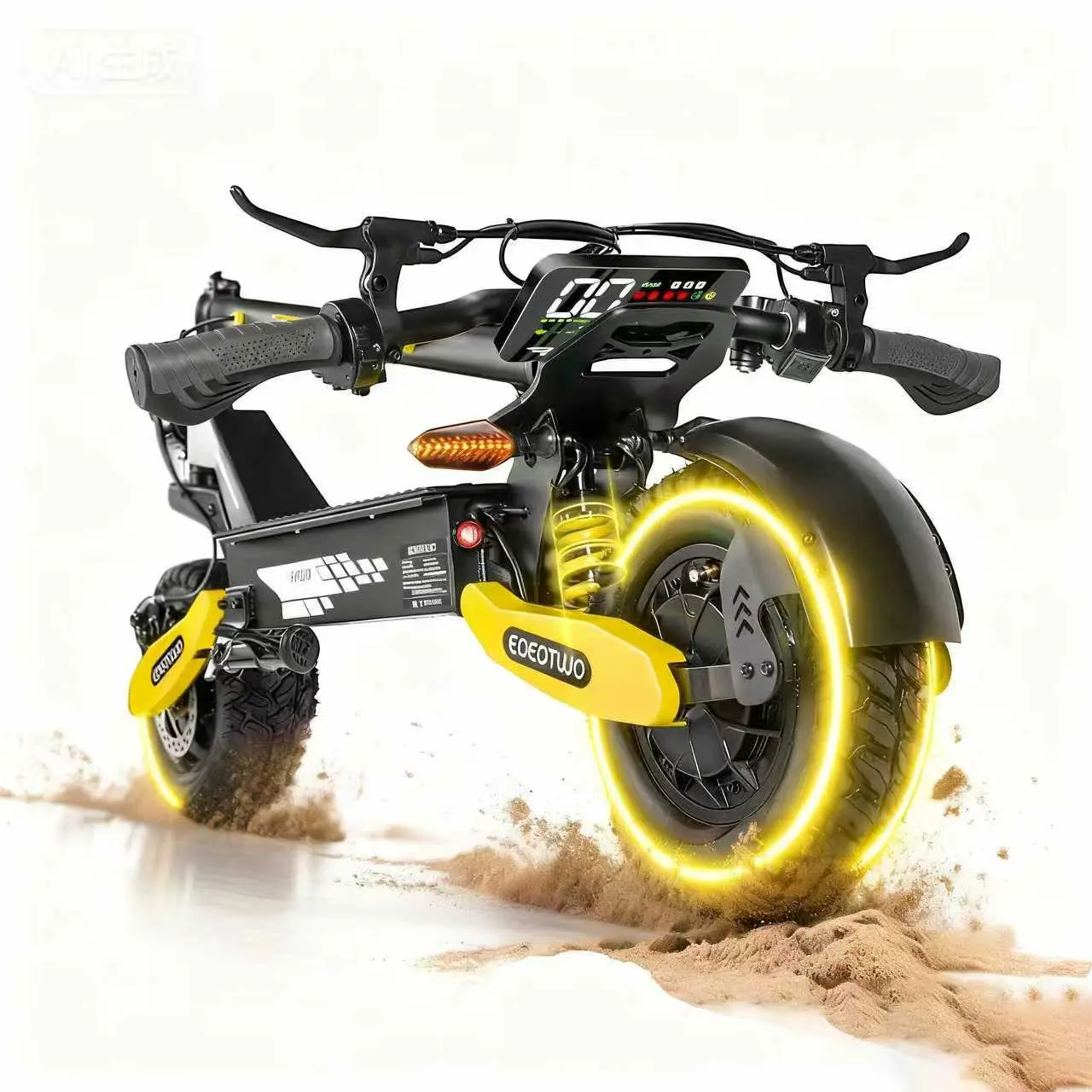 【EOEOTWO&GT06】Electric scooter with a range of 40 miles, equipped with a 1200 W motor, top speed of 30 miles per hour, 11-inch all-terrain tires, front and rear shock absorbers, an LED display screen, and a foldable design.