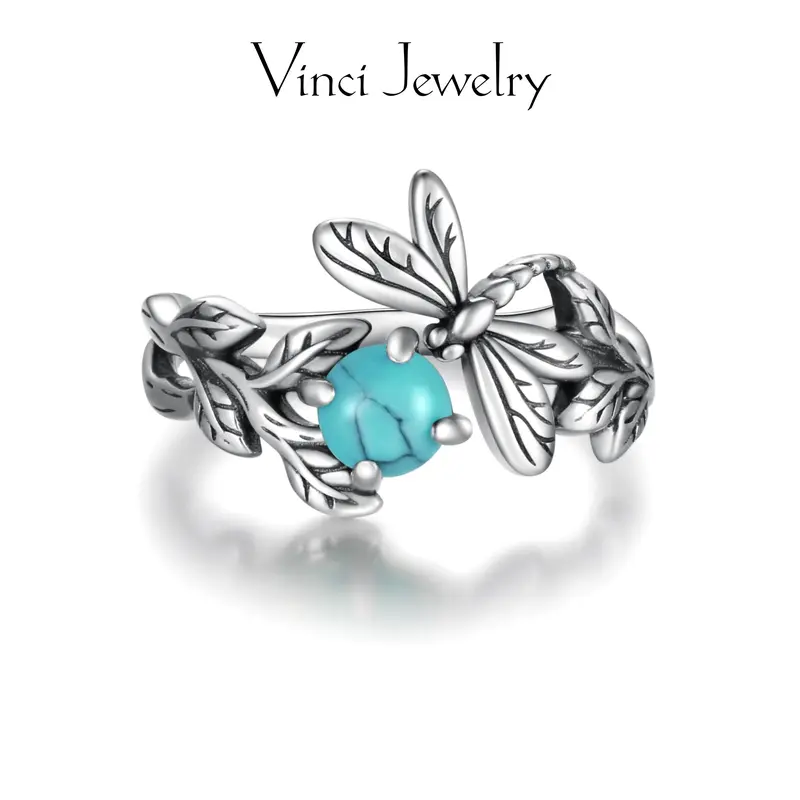 925 Synthetic Turquoise Open Ring with Unique Dragonfly and Leaf Design, Unique and Vintage Sterling Silver Adjustable Ring Jewelry for Women&Men, Unisex Gift to Friends, Pagan and Ethnic Style