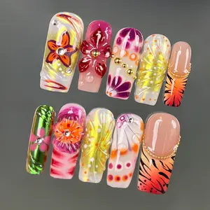 TK60 Neon Garden Press on Nails | 100% 3D Handmade Acrylic | Long Square | Reusable& Long lasting Salon Quality | Elegant Daily & Daily Wear