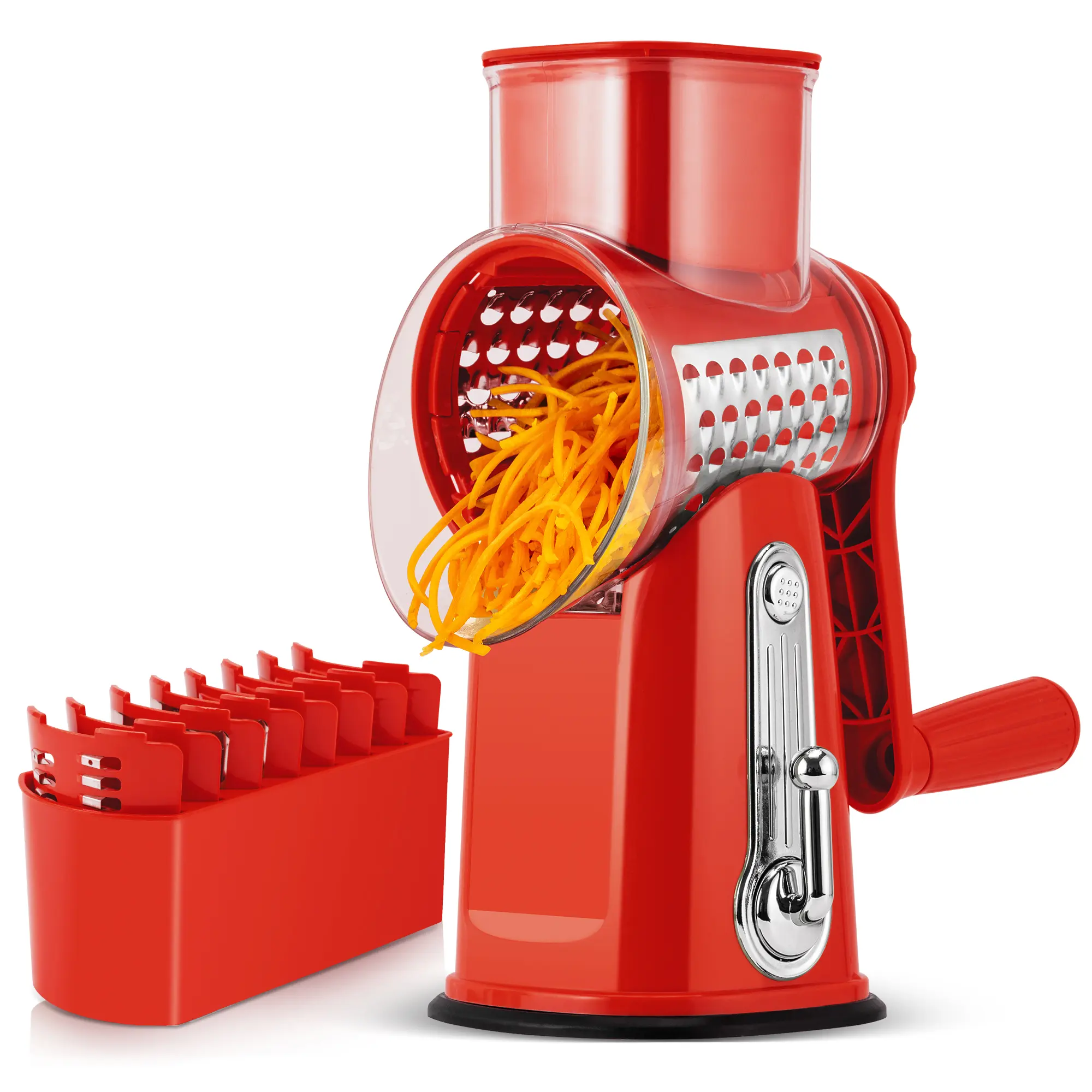 SUSTEAS Rotary Food Cheese Grater with Handle, 5 Blades and Strong Suction Cup Base, Comes with 1 Blade Storage Box Kitchen Utensils Red Durable Vegetable Slicer Vegetable Cutting Slicer Vegetable Cutter