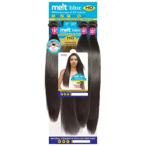 Janet Collection Melt Blue 100% Remy Human Hair NATURAL STRAIGHT Weave 3pcs + 4x5 Free Part Closure