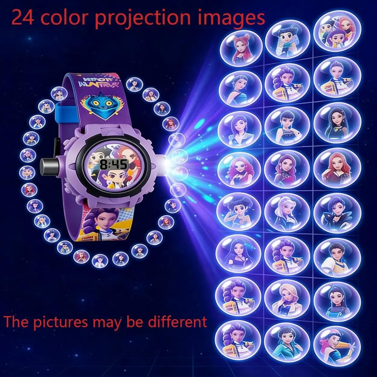 Cute cartoon singing hunter girl team cartoon pattern children's projection watch, 24 cartoon pattern anime characters girl team multifunctional electronic detachable strap watch toy boy and girl birthday gift