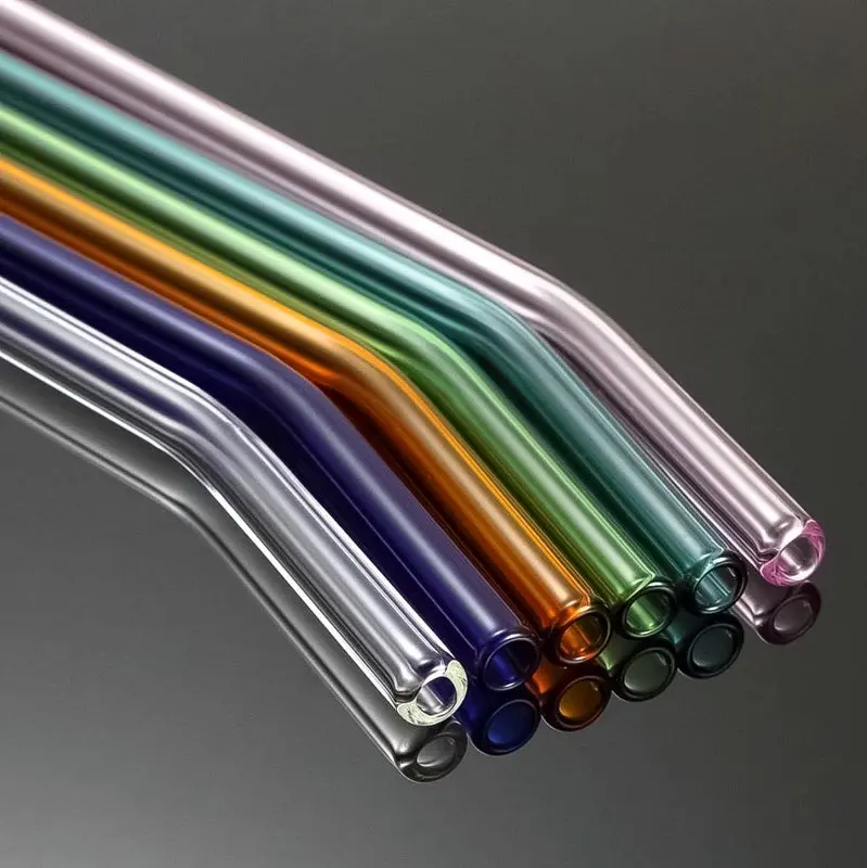 Reusable Transparent Glass Straws - Eco-Friendly Kitchenware Drink Accessories, Home Bar Utensils, Multicolor(8 Straws+2 Brushes) for Cocktails, 8" Long, Shatterproof, 200Mm Long
