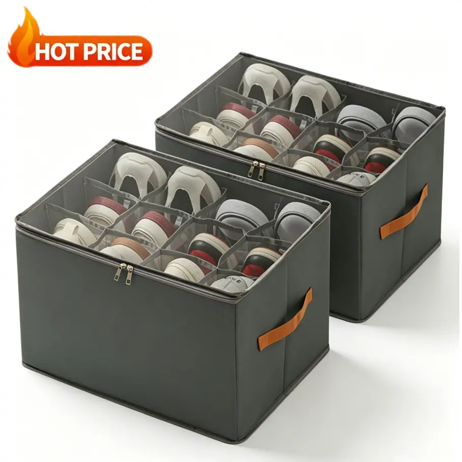 Premium Foldable Shoe Storage Organizer with Clear Cover Collapsible Fabric Shoe Box Adjustable Dividers Reinforced Handles Space Saving Boot Sneaker Closet Organizer