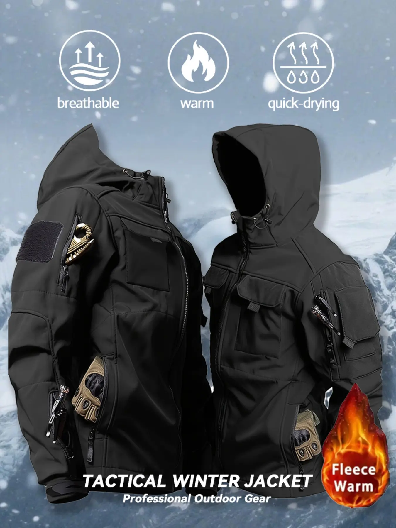 Men's Autumn Winter Fleece Waterproof Tactical Jacket, Multi-Pocket Hooded Zipper Outdoor Hiking Training Casual Coat, Outdoor Sports Outerwear, Outdoor Clothing