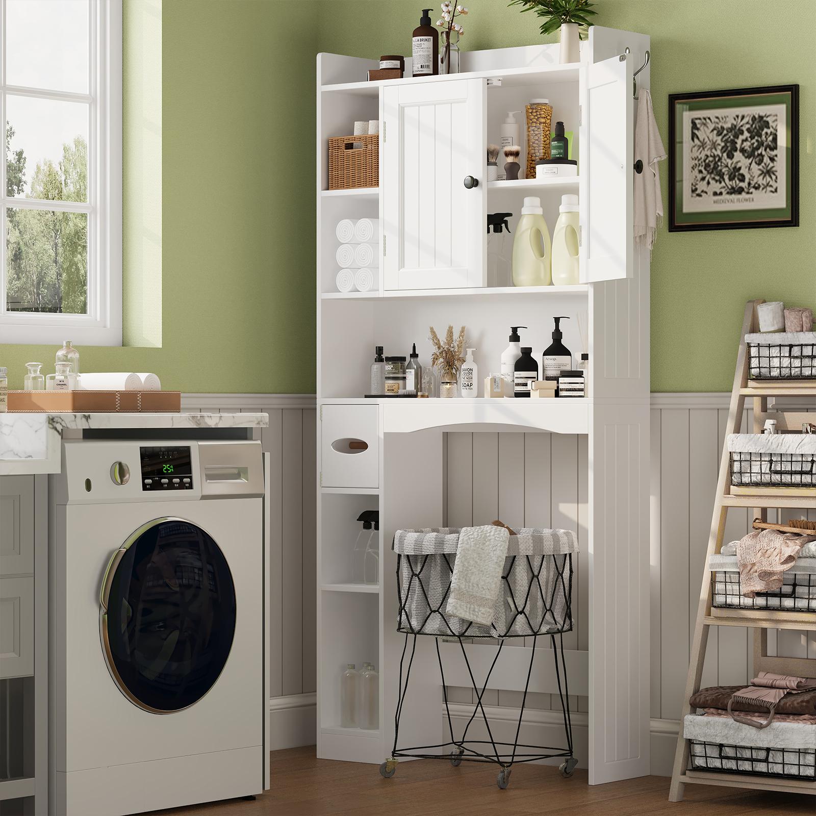 Gizoon Over The Toilet Storage Cabinet, 66''H Over Toilet Bathroom Organizer, Over Toilet Storage Cabinet with 2 Doors, Paper Holder and Racks, Adjustable Shelf, for Bathroom, Laundry, White