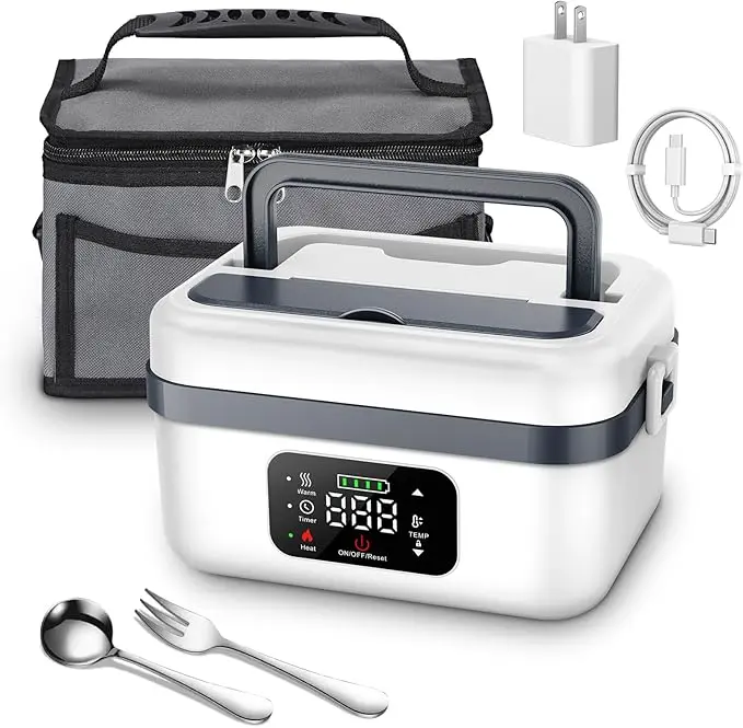 Cordless Electric Heated Lunch Box for Men Adults Women, Rechargeable Battery Powered with Automatic Self Heating, Portable Food Warmer Lunch Box for Work, Including Spoon, Insulated Carry Bag