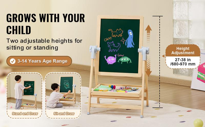 VEVOR 2-in-1 Kids Art Easel Double-Sided Wooden Magnetic Whiteboard Chalkboard, Christmas gift