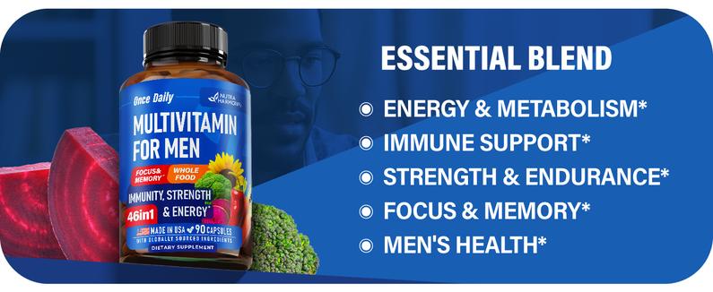 46-in-1 Multivitamin Complex for Men. B-Complex, Whole Foods & Enzymes for Energy, Focus & Brain. Bioavailable & Gentle on Stomach. Made in USA. 90 Capsules