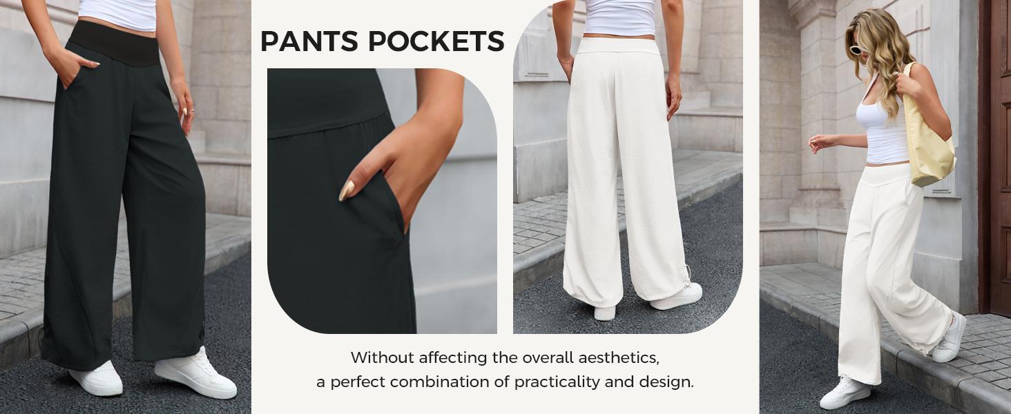 Fisoew Womens Wide Leg Pants Casual High Waist Baggy Track Pants Loose Fit Drawstring Cuffs Lounge Pant with Pockets