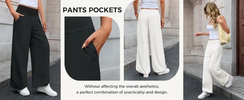Fisoew Womens Wide Leg Pants Casual High Waist Baggy Track Pants Loose Fit Drawstring Cuffs Lounge Pant with Pockets