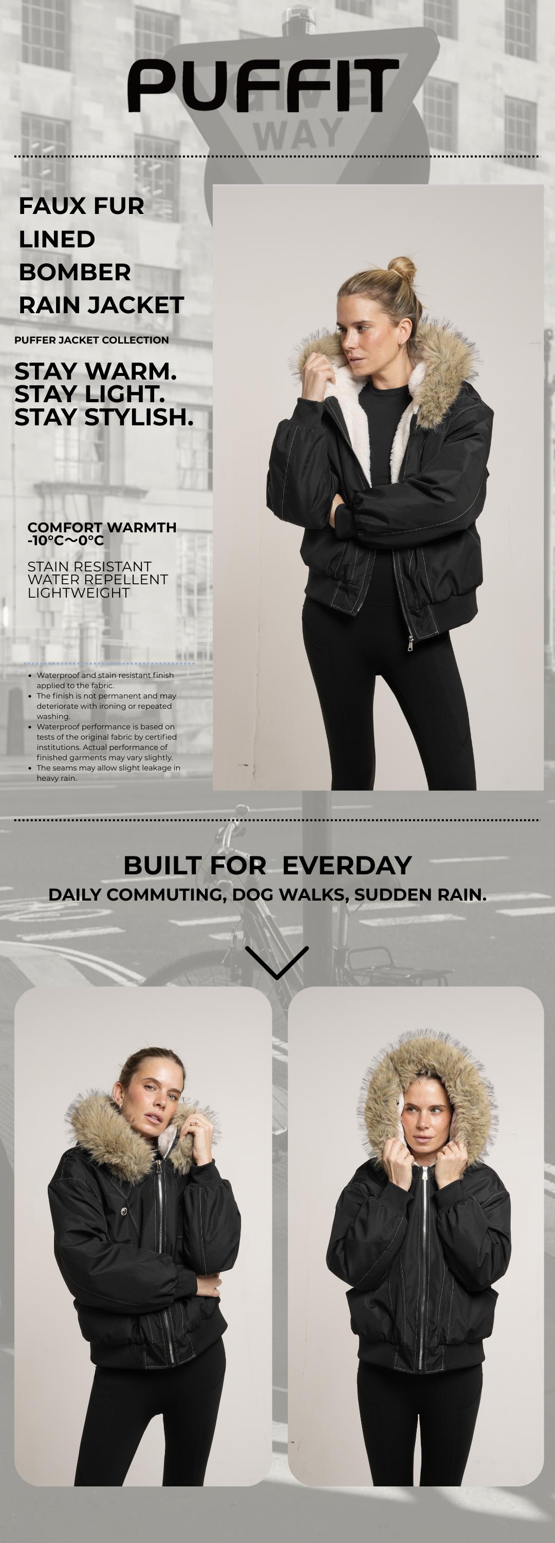 PUFFIT STM-TEX Faux Fur Lined Waterproof Bomber Jacket With Faux Fur Collar Hood,Elegant And Sophisticated,Enhances Warmth, Providing A Soft,Beautiful And Warm, Offering Both Style And Practicality,Y2K Style SpringStatements