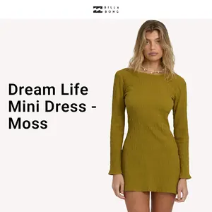 BILLABONG Women's Dream Life Mini Dress, 99% Cotton, Body-con Fit, Long Sleeves, Low back, Fully Smocked Fabric