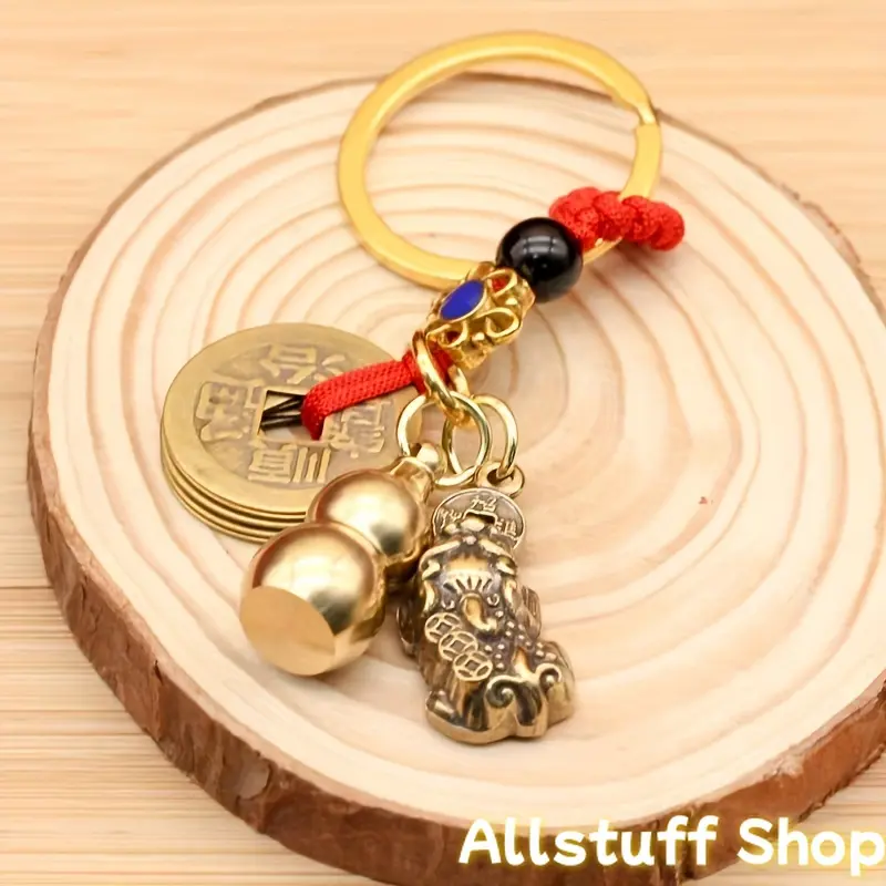 1pc Cute Auspicious Pixiu & Gourd Feng Shui Chain-Attached Charms Keychain - Chinese Amulet for Good Luck, Prosperity, Protection, Car Accessory, Luggage Bag DIY Accessory, Car Accessories, Vehicle Accessories tiktokshopbacktoschool