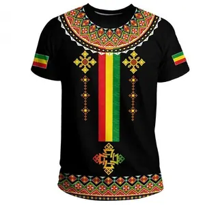 Ethiopian Habesha Design Black Men's T-Shirt Long Sleeve Short Sleeve Loose Fit Polyester Casual Versatile Retro Style Menswear Top Crewneck Shortsleeve Tshirt Streetwear Tropical