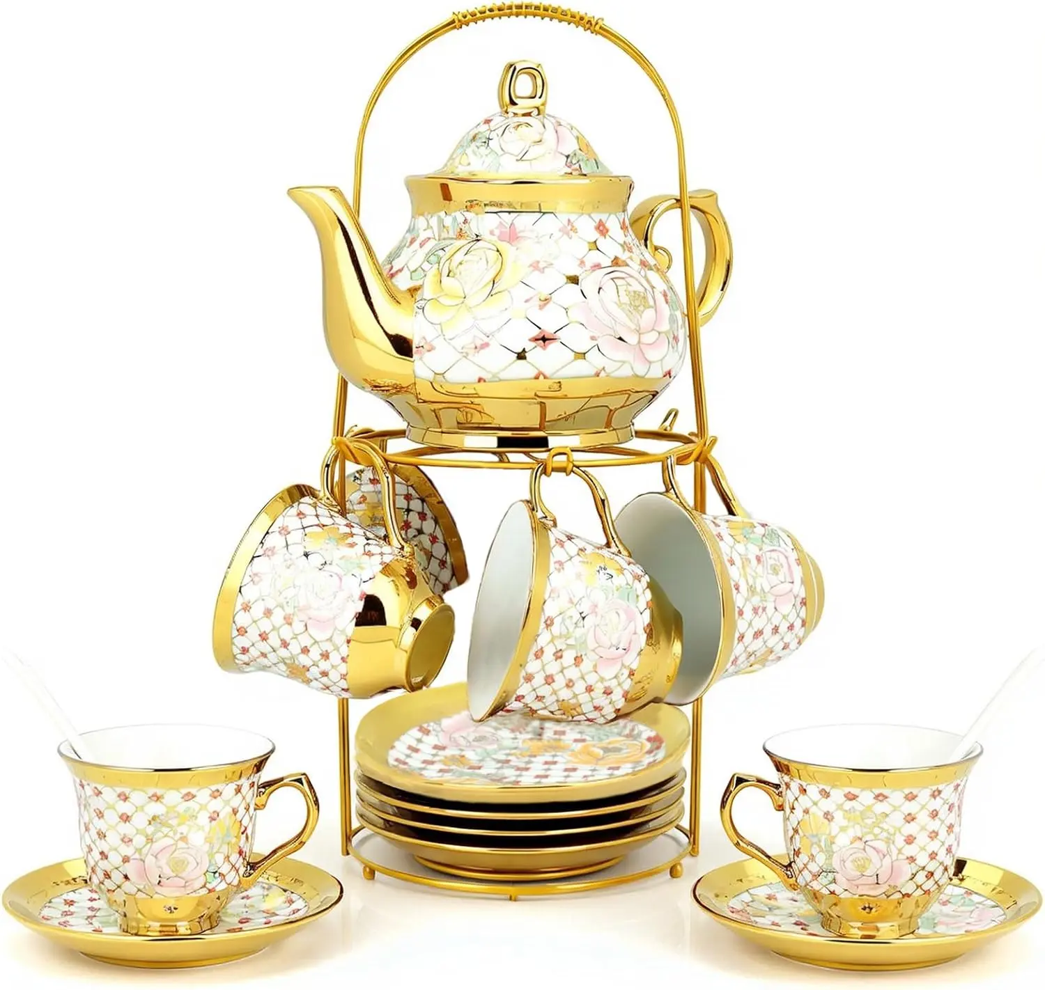 Sturdy Vintage 20-Piece Complete European Ceramic Tea & Coffee Pot Set - Gold Porcelain Leak-Proof Pot with Metal Holder, Hand-Painted Floral Cups-Saucers with Stand, Ideal for Home Birthday Gifting, Outdoor Use