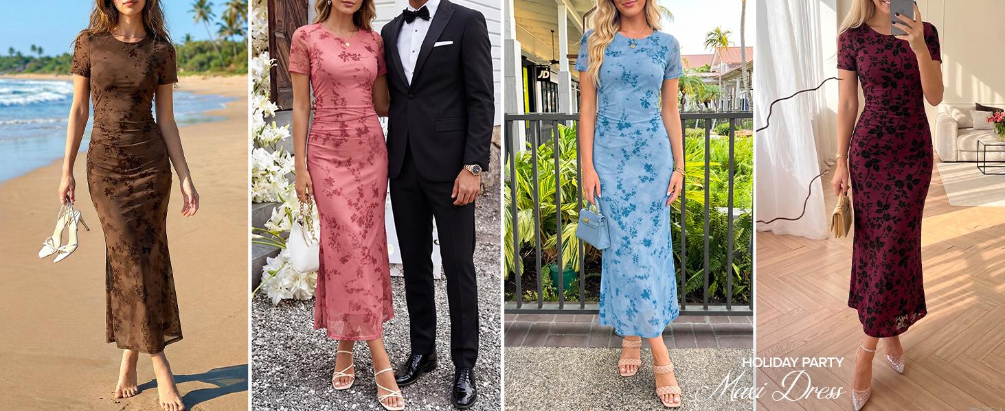 ZESICA Women's Summer Short Sleeve Floral Bodycon Dress 2026 Ruched Mesh Wedding Guest Cocktail Party Maxi Dresses