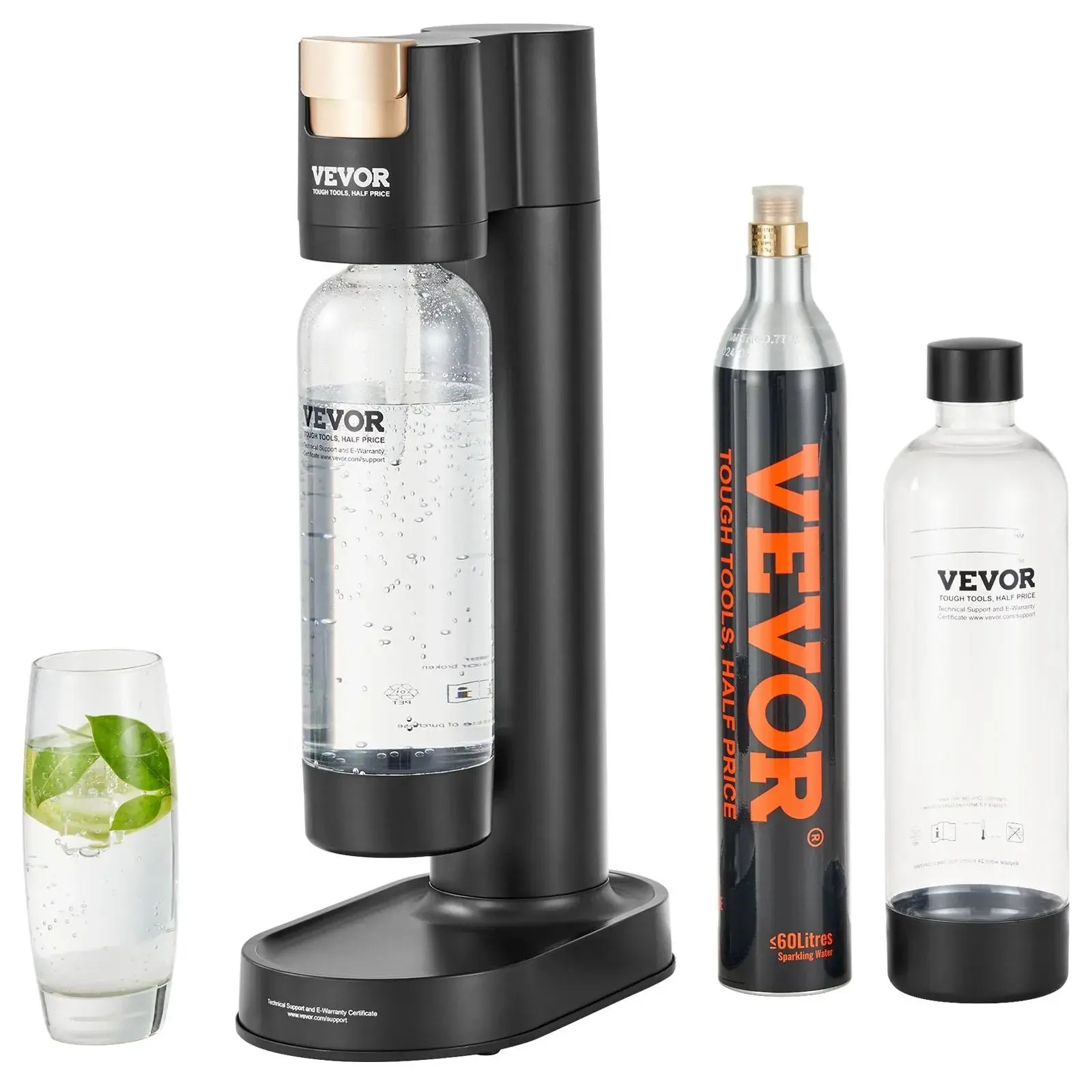 VEVOR Carbonator Sparkling Water Maker, Home Soda Machine Starter Kit with 2 BPA-Free 1L PET Bottles, CO2 Cylinder, Compatible with Mainstream Screw-In 60L CO2 Cylinders, Bubble
