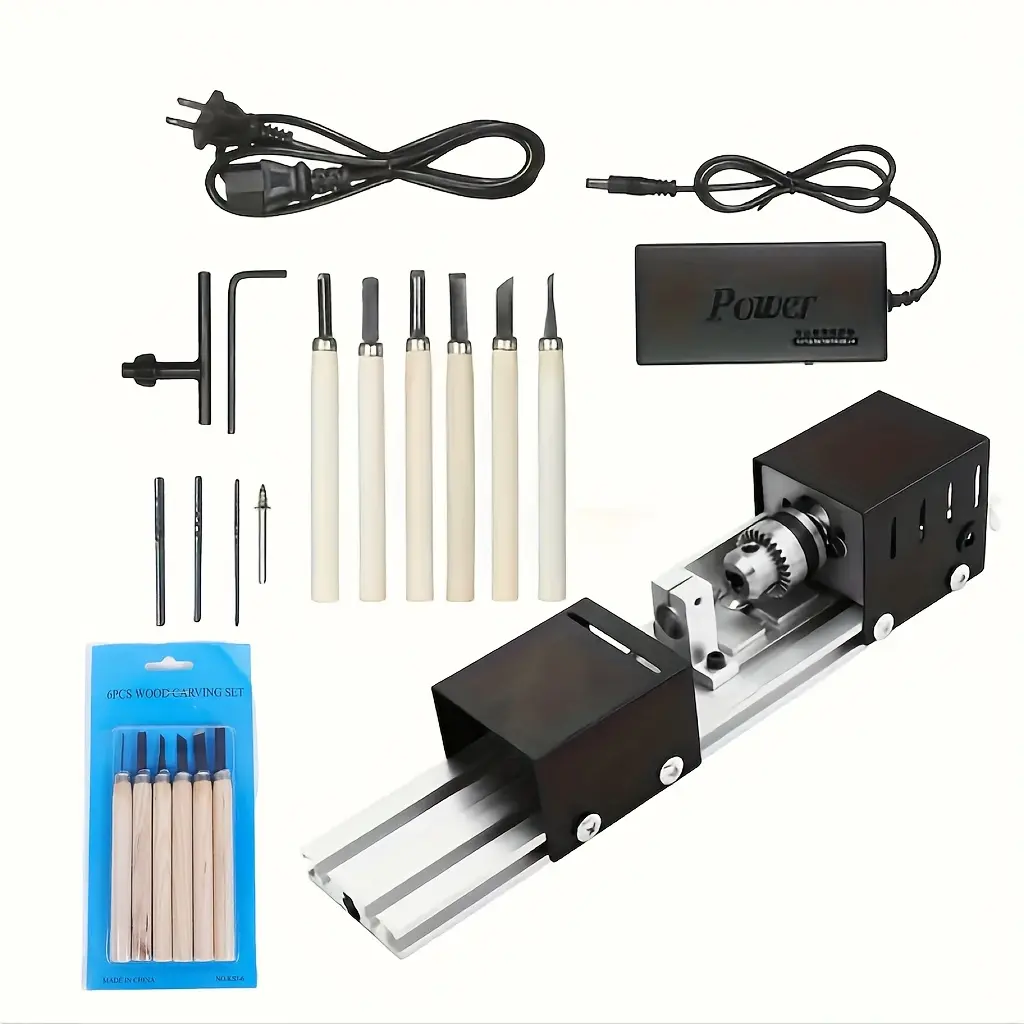 Mini Lathe Machine, 2.76 in x 6.3 in, 12-24V DC 96W Mini Wood Lathe Tools Milling Machine Accessories, 7 Speeds 4000-9000 RPM, for DIY Woodworking Wood Drill Rotary Tool