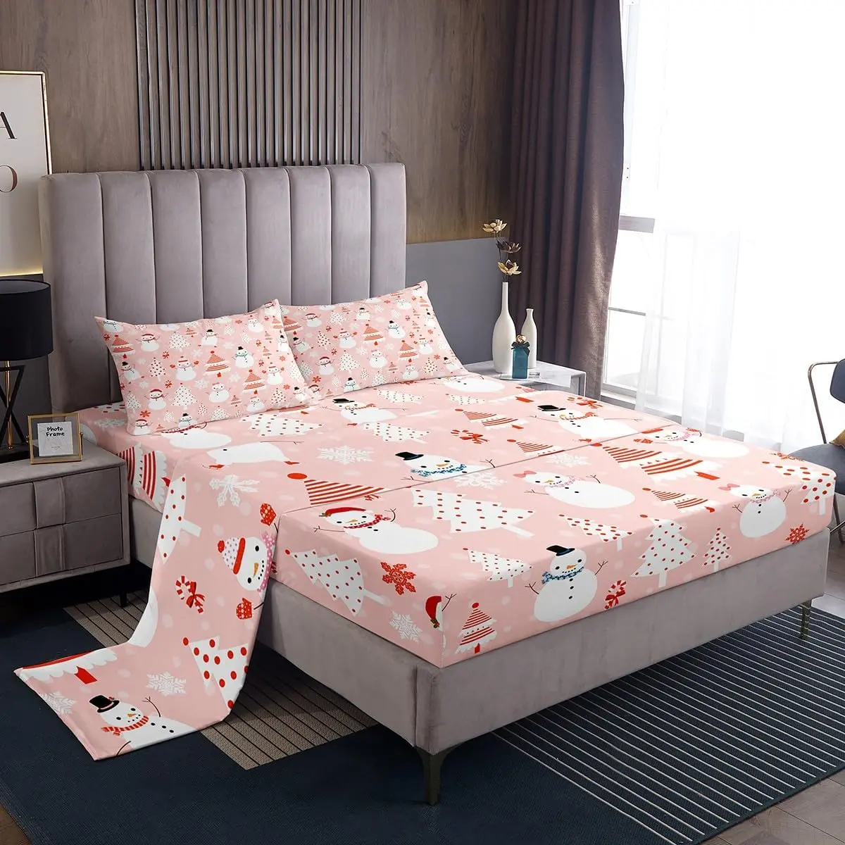 Feelyou Queen Christmas Printed Bedding Set - Super Soft Durable Microfibre Bed Set, Pink Dots Cartoon Print Snowman Tree Decor, Deep Pocket Fitted Sheet, Breathable All-Season, Machine Washable Room Accent, Ideal Gift, Deep Pockets