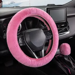 Direct Furry Car Steering Wheel Cover with Fluffy Gear Shift Cover Soft Warm Non-Slip Car Decoration for Women Girls 2 PCS Set, Pink