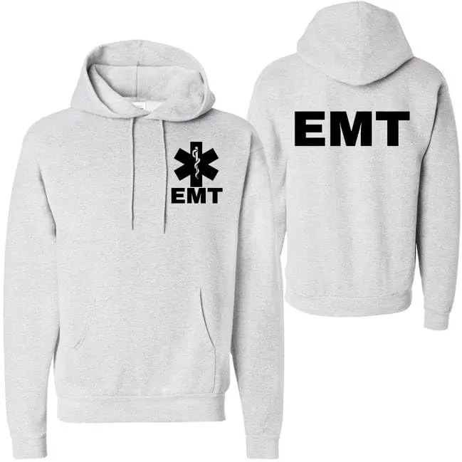 EMT Hooded Sweatshirt, Casual Cotton Pullover with Double-Sided Print and Pocket for First Responders, Soft, Tops, Paramedics, Storage-Pockets, Regular