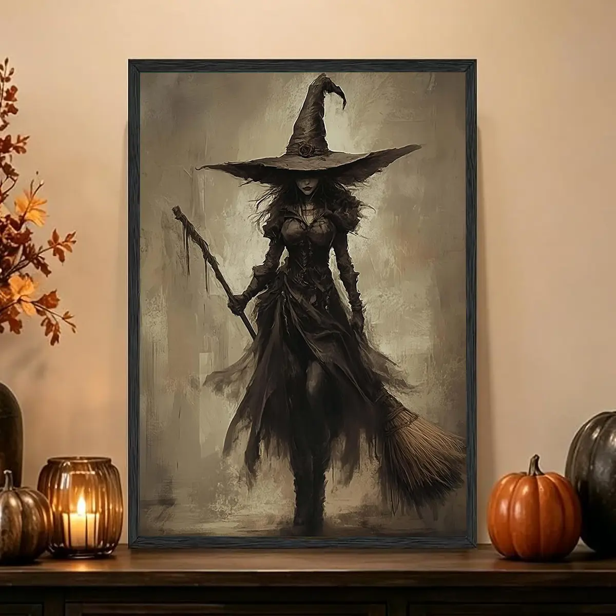 Fantasy Gothic Dark Witch Broomstick Canvas Wall Art Poster - 2D Flat Print, Lightweight, Artistic, High-Density, Vintage Muted Tone Minimalist Artwork, Colorfast Ink, Home Bedroom Decor, Halloween Gift, Dark Academia Room Accent, Multi-Size