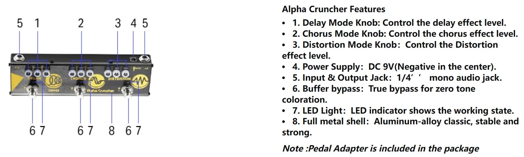 Donner Alpha Cruncher Multi Effects Guitar Pedal Distortion Chorus Delay with Power Adapter