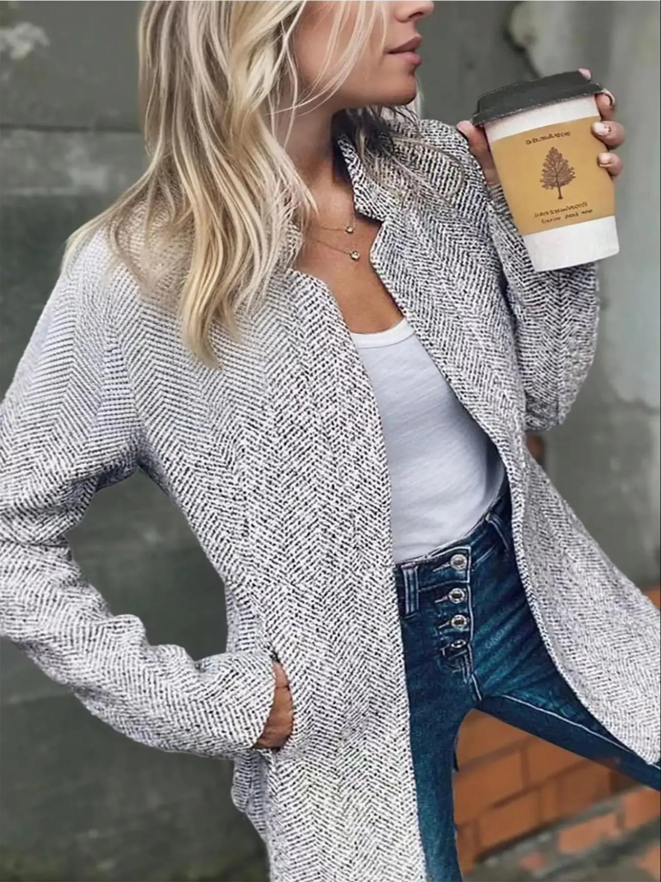 Women's Basic Solid Color Pocket Long Sleeve Open Front Fitted Coat Fabric, Casual Minimalist Classic Office Wear Style Longline Outerwear for Fall & Winter, Ladies Clothes for Daily Wear, Everyday, Womenswear Clothing for Women