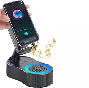 Cell Phone Stand with Bluetooth Speaker - Wireless Bluetooth Speaker with 360° Rotatable Phone Holder, Multifunctional Adjustable Stand with Charging Compatible with Tablet for Home Desk (Black)