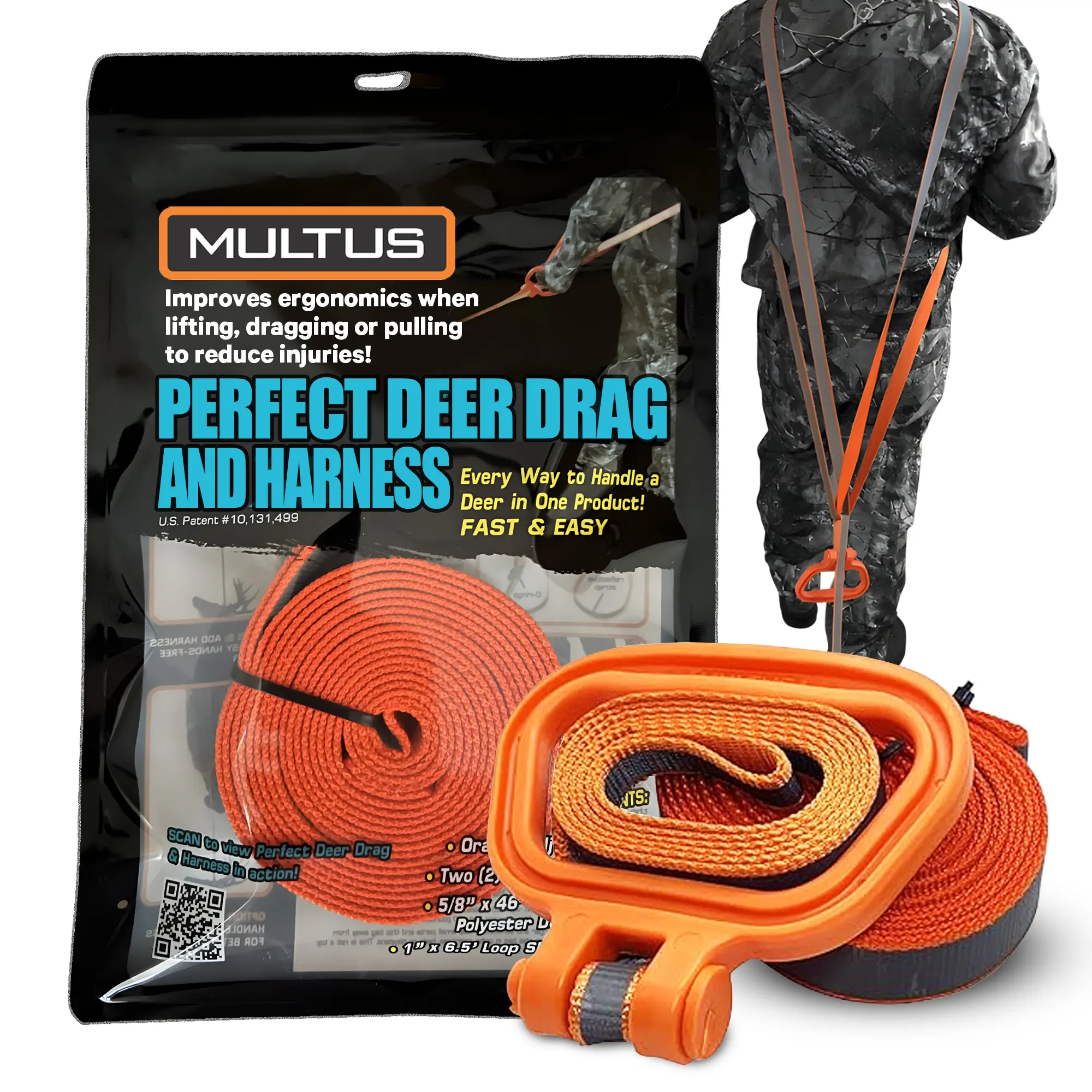 Multus Perfect Deer Drag and Harness 2-IN-1 Drag System with Reflective Orange Webbing 400 lb Capacity for Hunting and Outdoor Use