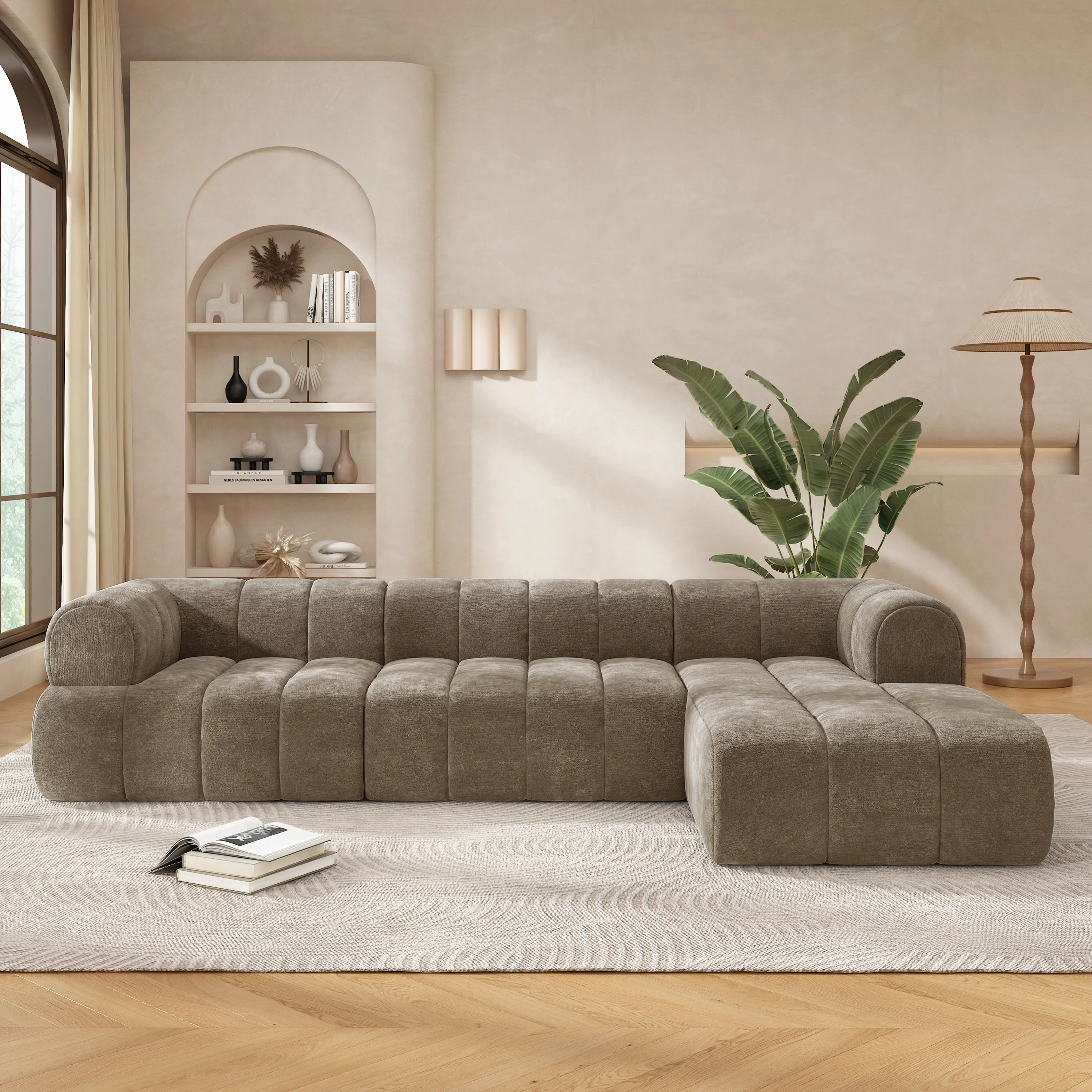 122" Modern L-Shaped Full-Sized Cushion Sofa with Chaise Lounge, High-Density Compressed Sponge Cushions, 2-Piece Fully Assembled Right-Hand Facing Sofa Set for Living Room, Full-Sized Sofa Sets, 2-Piece Sofa Sets