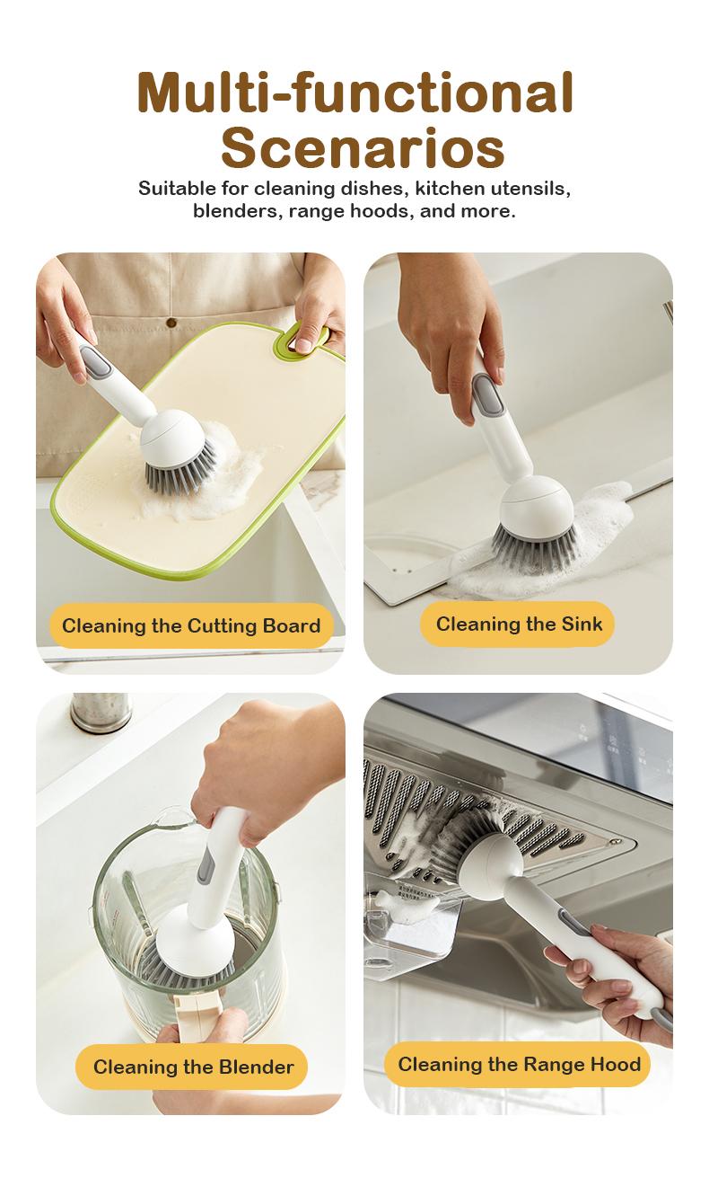 6-in-1 ABS Dish Brush with Leak-proof Soap Dispenser, Adjustable Angle, Rotatable Scrub Function, Wall Mount - Includes Scouring Pad, Soft Bristles Lift Stubborn Stains, Rinse & Drain Clean for Sink, Pots