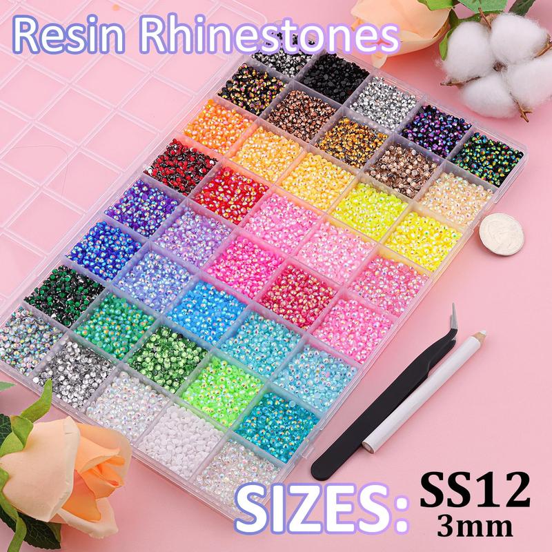 40000Pcs 40 Colors Jelly Rhinestones for Bedazzling, 3mm Multicolor Resin Flatback Gems for Diamond Art, Bedazzler Kit with 3Pcs 10ml B7000 Jewelry Glue for Crafting Book Shoes Nail Art