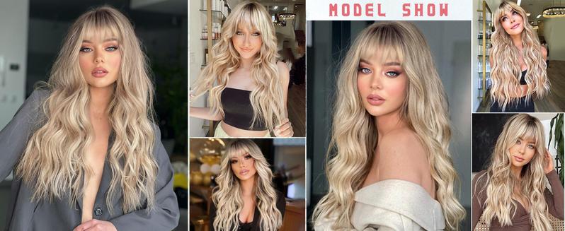 AISI HAIR Ombre Blonde Wig with Bangs for Women Long Wavy Hair Wig Curly Wavy Synthetic Wigs for Girls Daily Party Use Ombre Long