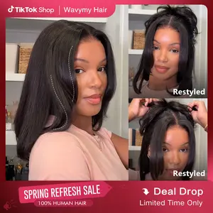 Wavymy Layered Cut Bob Wig 9x6 TPart Yaki Straight 220% Density Natural Black Wear Go Glueless Pre Cut Lace  Pre Plucked Beginner Friendly 100% Human Hair Deep Part Dome Cap Easy Install Heat Resistant
