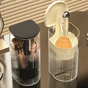 Makeup Brush Holder with Lid, One-Hand Press Open/Close Mechanism Cosmetic Tools Organizer, Pneumatic Lifting Structure with Dust Cover, Clear Waterproof Dustproof Make Up Storage for Vanity, Bathroom Countertop-Black-Red Ball