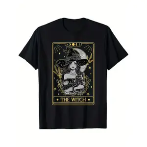 Tarot Card The Witch Witchy Funny Black Cat Spooky Halloween T-Shirt, 100% Cotton, Gift for Men Women Dad Mom Friends, S-XXXL, Black