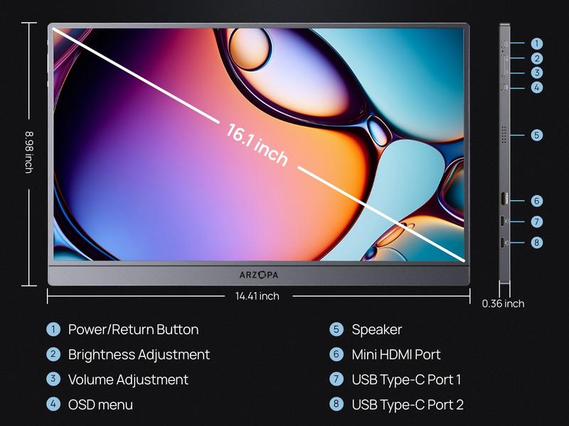 ARZOPA 16.1" Portable Gaming Monitors – 180Hz 1440P QHD / 144Hz 1080P FHD – Ultra Slim External Display for Laptops Gaming PC PS5 Xbox Mac with Built-in KickStand & Dual Speakers – Gray