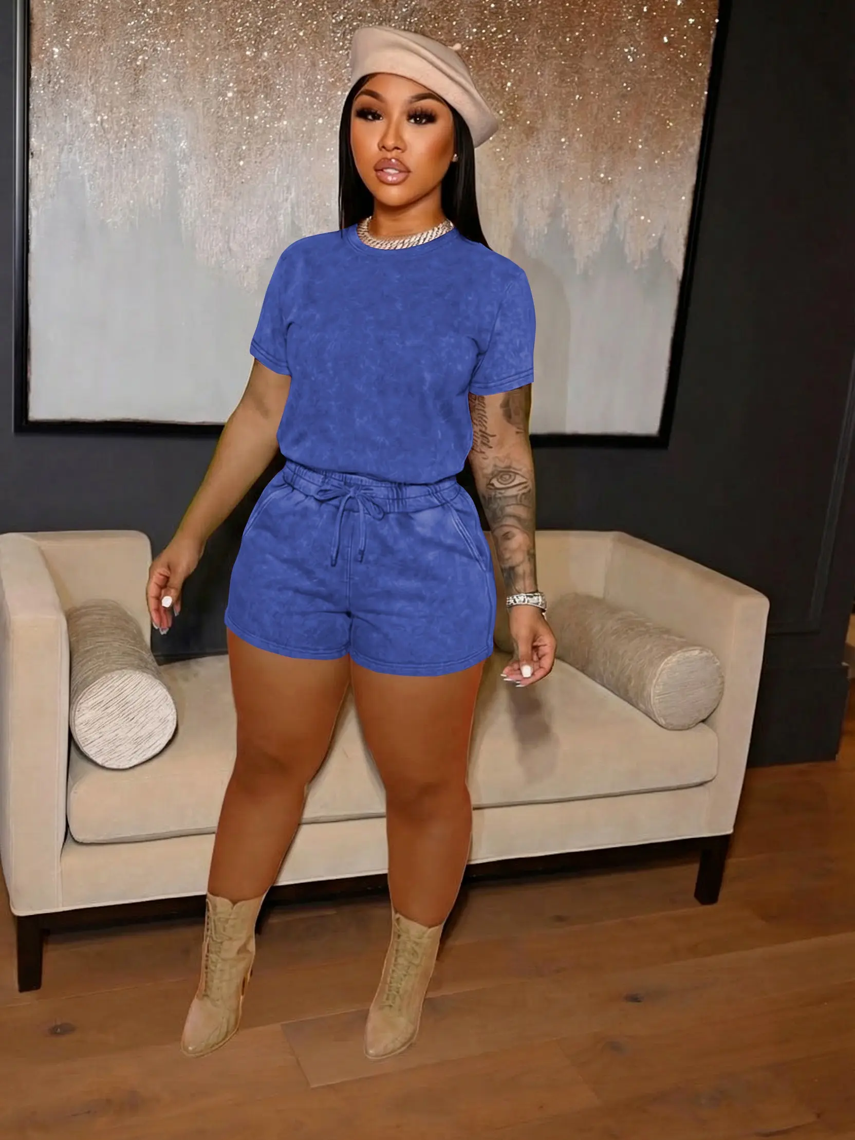 USBoutiqueCHIC Two-piece Set Women's Solid Color Denim-effect Print Tee & Drawstring Shorts Outfit